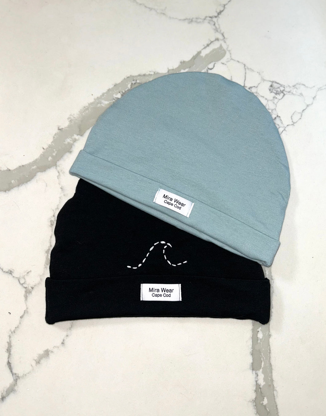 Black Beanie Hat with a White Wave Embroidery