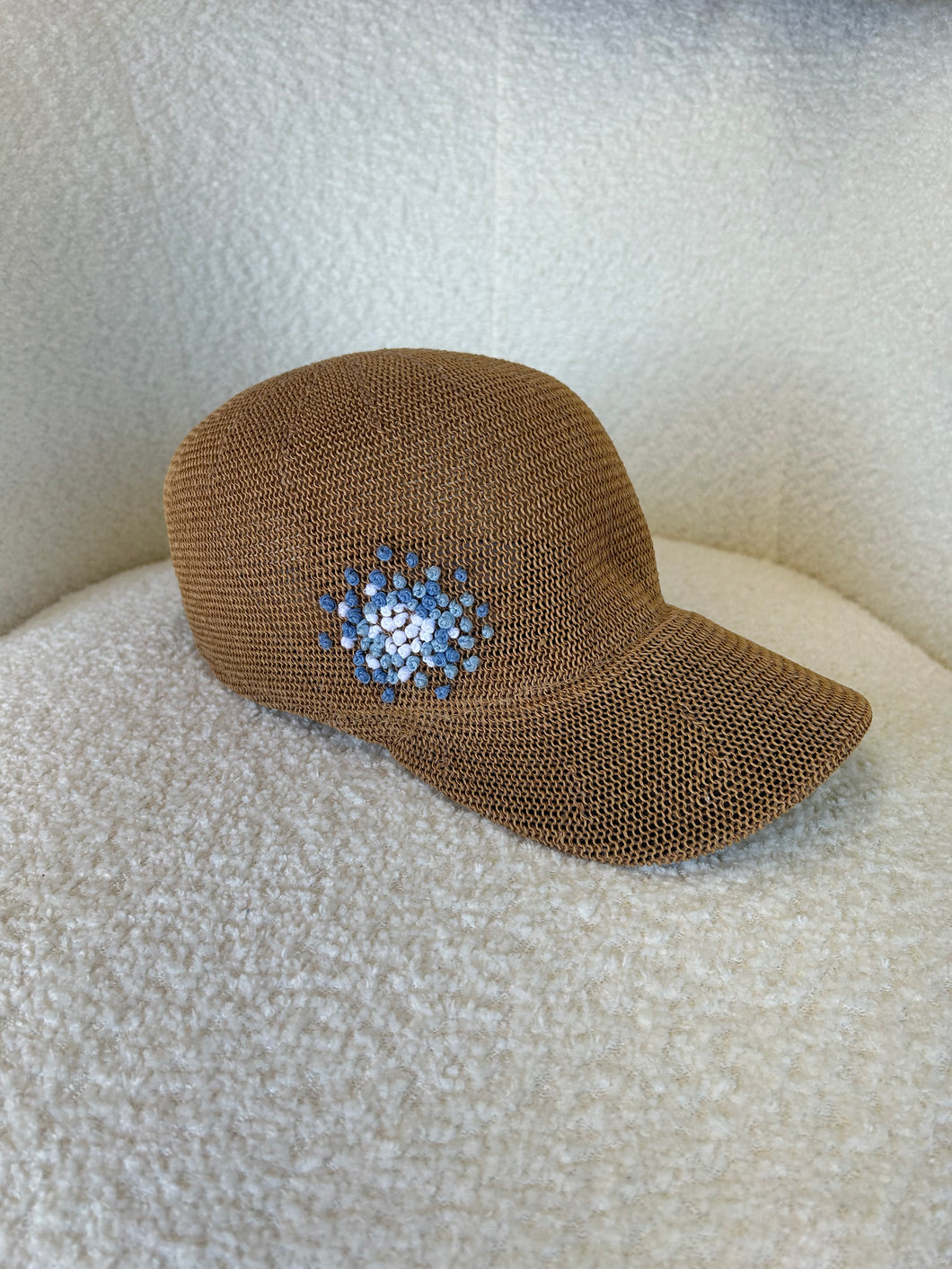 Straw Baseball Hat with Hydrangea Embroidery