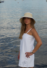 Load image into Gallery viewer, White Linen Spaghetti Beach Dress with Nautical Embroidery Detail
