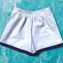 Load image into Gallery viewer, White Linen High Waisted Shorts with Hand Embroidered Sailboat Detail
