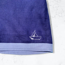 Load image into Gallery viewer, Navy Linen High Waisted Shorts with Hand Embroidered Sailboat Detail
