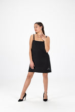 Load image into Gallery viewer, Black Linen Spaghetti Beach dress with nautical embroidery detail
