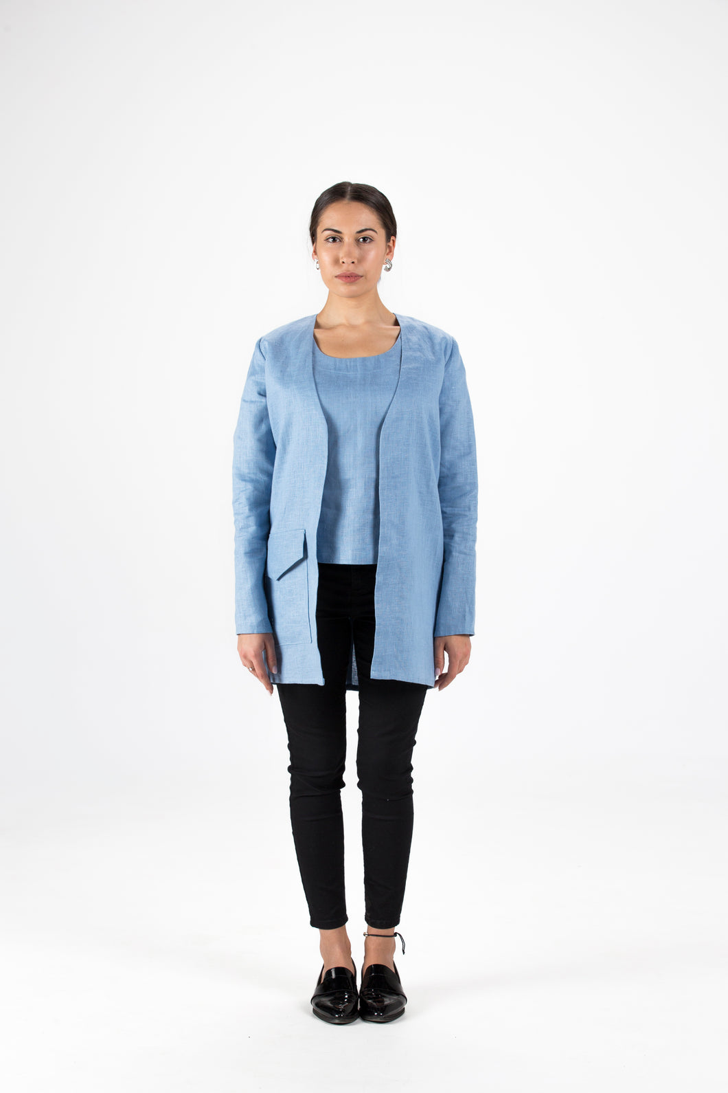Azzuro Blue Linen Coat with Oversized Pocket and Sailboat Embroidery