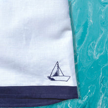 Load image into Gallery viewer, White Linen High Waisted Shorts with Hand Embroidered Sailboat Detail
