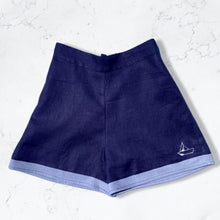 Load image into Gallery viewer, Navy Linen High Waisted Shorts with Hand Embroidered Sailboat Detail
