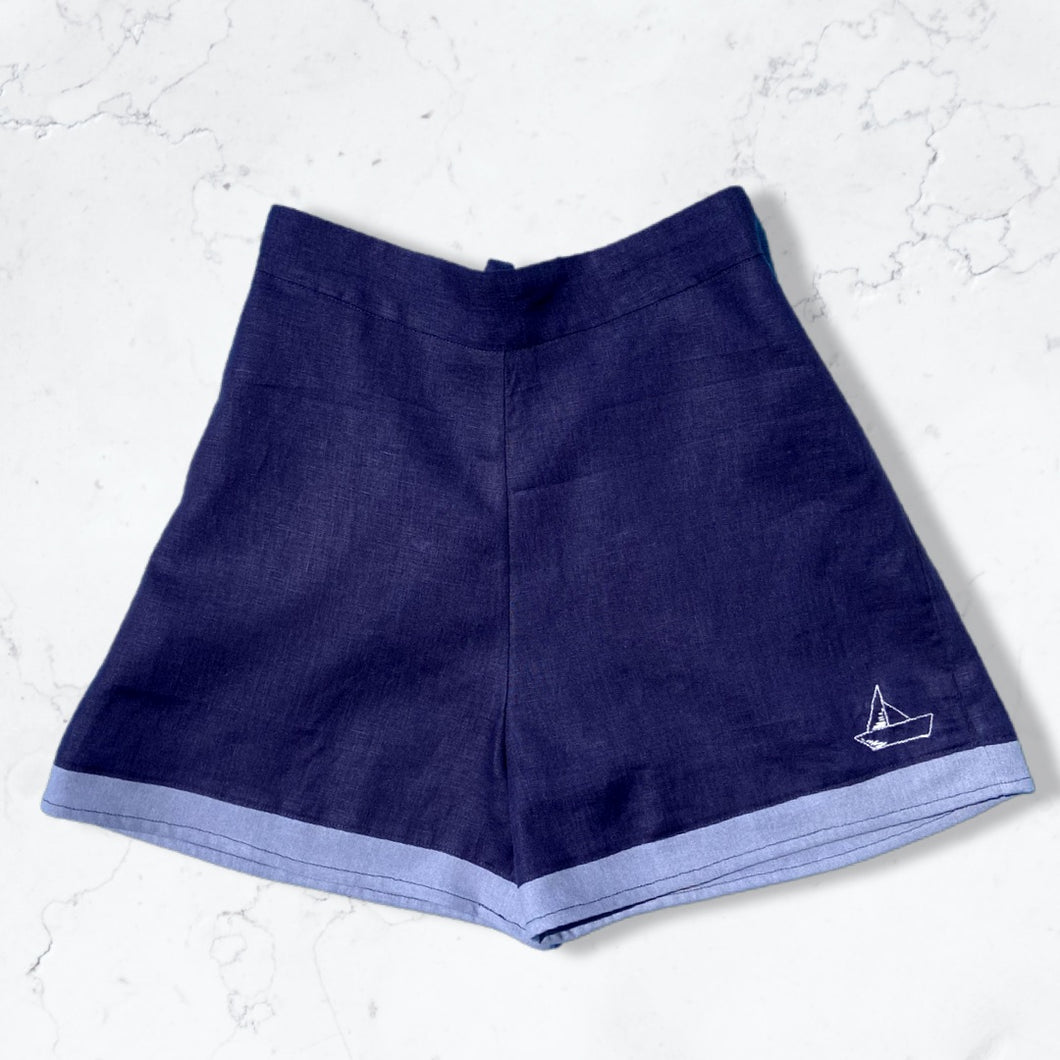 Navy Linen High Waisted Shorts with Hand Embroidered Sailboat Detail