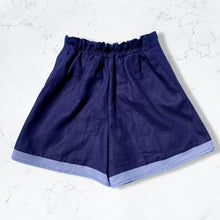 Load image into Gallery viewer, Navy Linen High Waisted Shorts with Hand Embroidered Sailboat Detail
