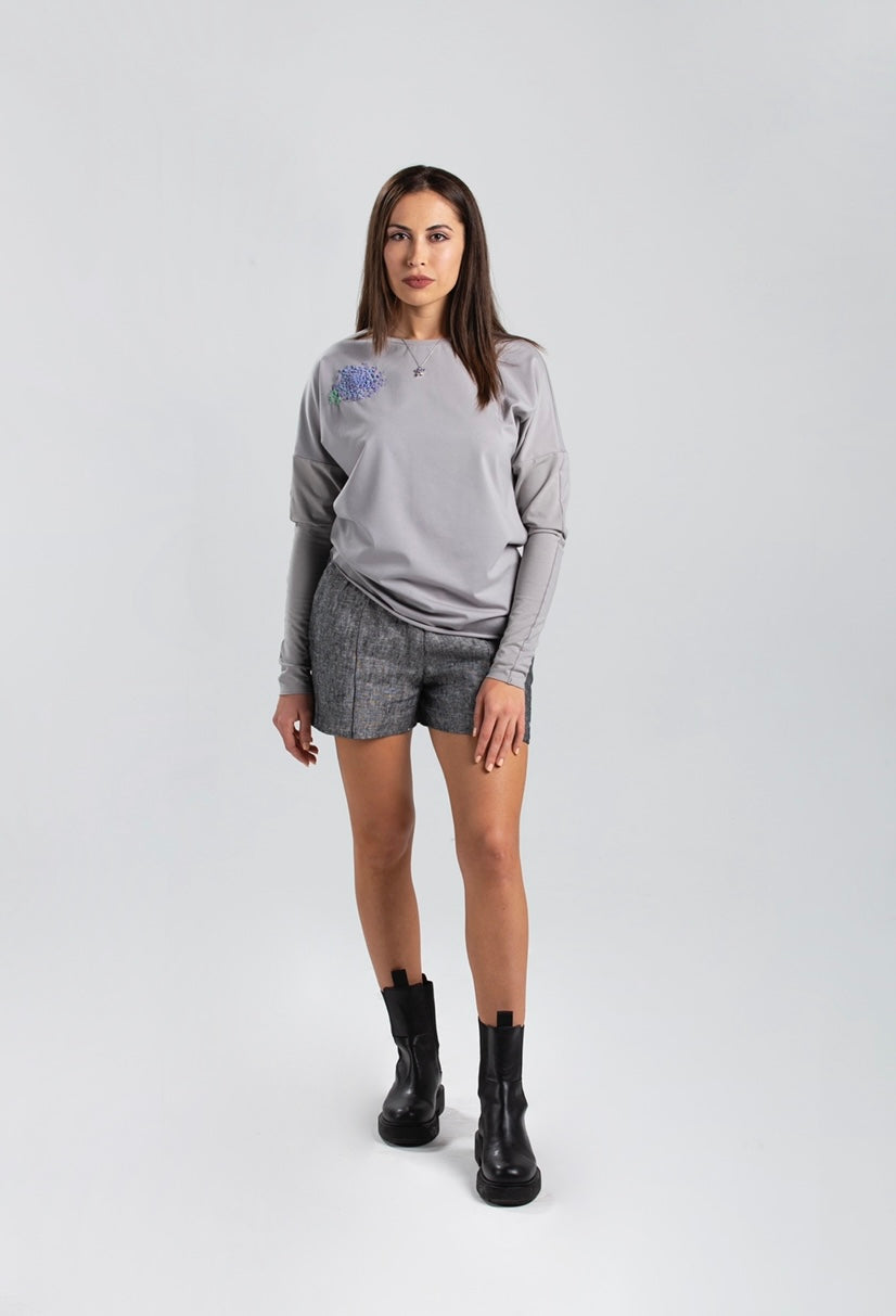 Cloud Grey Sweater with Hydrangea Embroidery