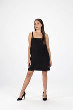 Load image into Gallery viewer, Black Linen Spaghetti Beach dress with nautical embroidery detail
