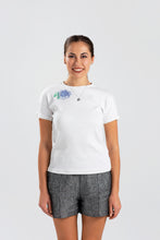 Load image into Gallery viewer, White Ribbed Cotton T-shirt with Handmade Hydrangea Embroidery
