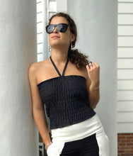 Load image into Gallery viewer, Black Linen Elastic Crop Top with V neck strap
