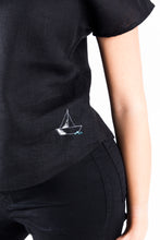 Load image into Gallery viewer, Black Linen Short Sleeve Shirt with Sailboat Hand Embroidered Detail
