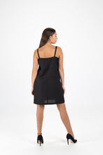 Load image into Gallery viewer, Black Linen Spaghetti Beach dress with nautical embroidery detail
