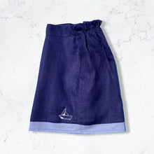 Load image into Gallery viewer, Navy Linen High Waisted Shorts with Hand Embroidered Sailboat Detail
