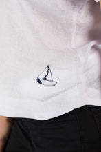 Load image into Gallery viewer, Lilac Linen Short Sleeve Shirt with Navy Sailboat Hand Embroidered Detail
