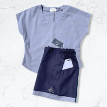 Load image into Gallery viewer, Navy Linen High Waisted Shorts with Hand Embroidered Sailboat Detail
