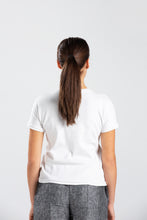 Load image into Gallery viewer, White Ribbed Cotton T-shirt with Handmade Hydrangea Embroidery
