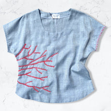 Load image into Gallery viewer, Silky Blue, Coral Pink Embroidery Linen Shirt, Hand made
