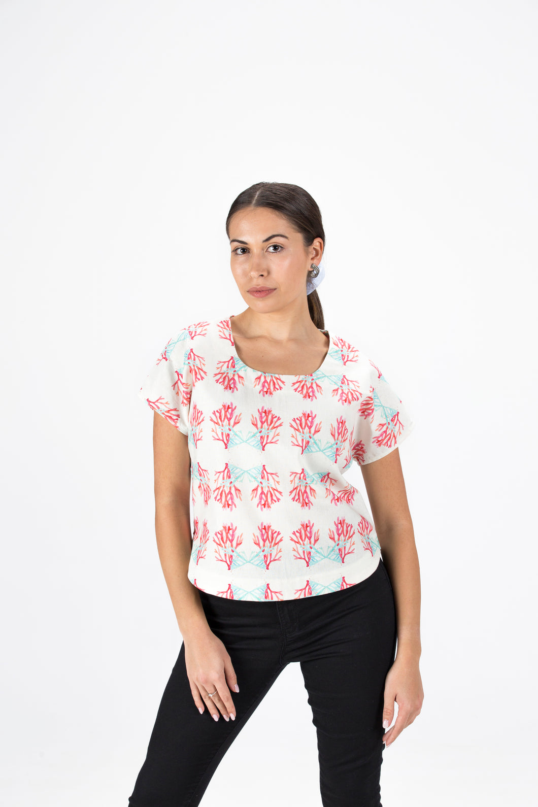 Hot Pink Coral Print Short Sleeve Linen/Cotton Shirt