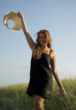 Load image into Gallery viewer, Black Linen Spaghetti Beach dress with nautical embroidery detail
