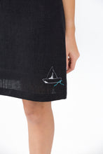 Load image into Gallery viewer, Black Linen Spaghetti Beach dress with nautical embroidery detail
