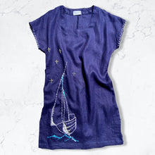 Load image into Gallery viewer, Navy Linen Beach Cover-Up with Sailboat Embroidery
