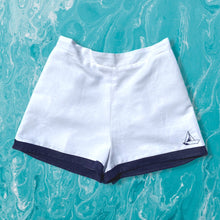 Load image into Gallery viewer, White Linen High Waisted Shorts with Hand Embroidered Sailboat Detail
