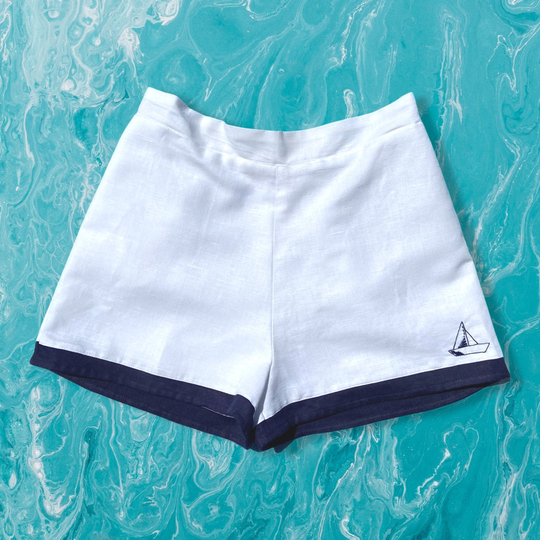 White Linen High Waisted Shorts with Hand Embroidered Sailboat Detail