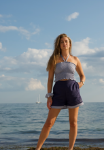 Load image into Gallery viewer, Navy Linen High Waisted Shorts with Hand Embroidered Sailboat Detail
